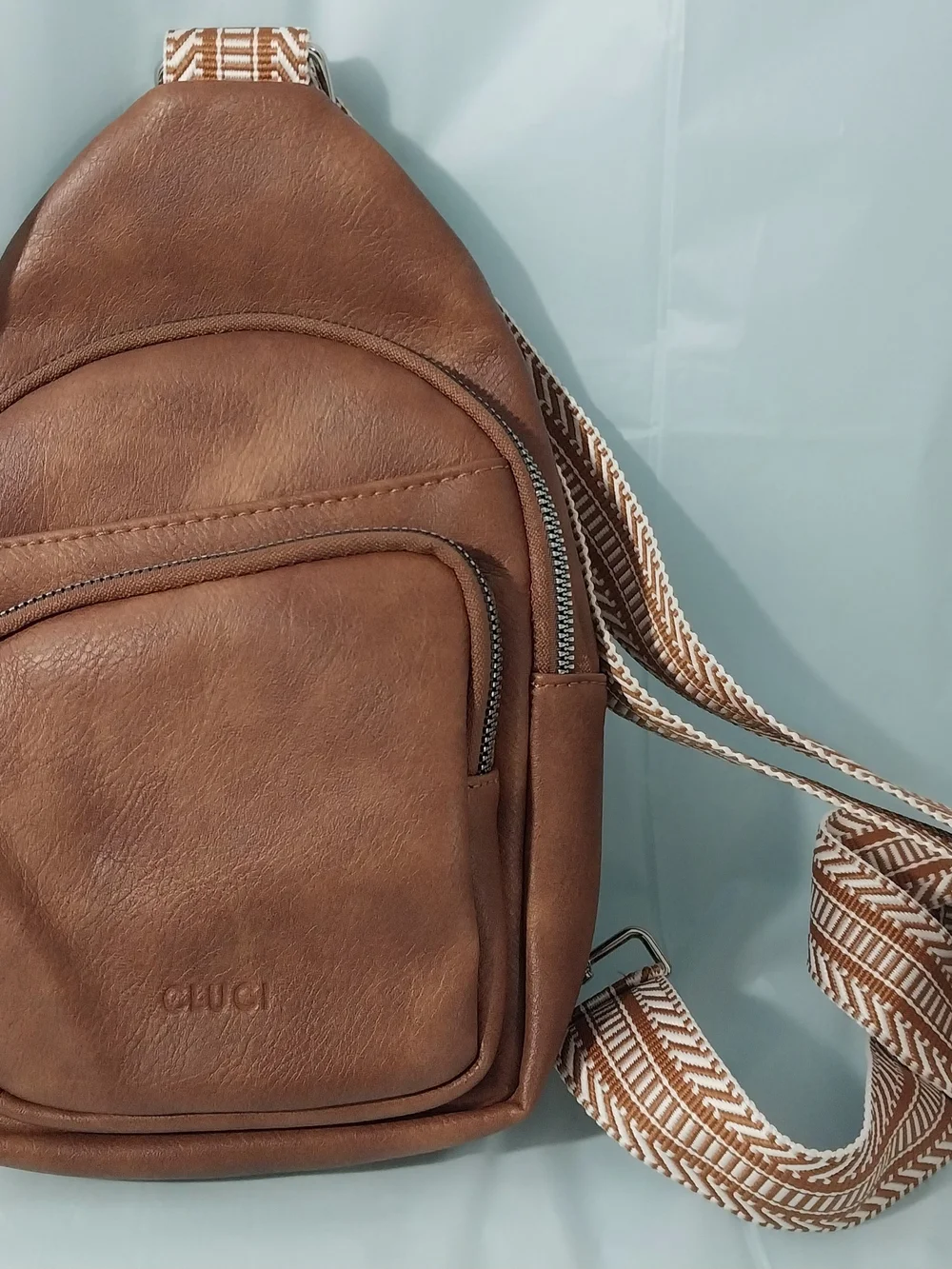 Cluci Vegan Faux Brown Leather Crossbody Sling Bag with Patterned Strap
